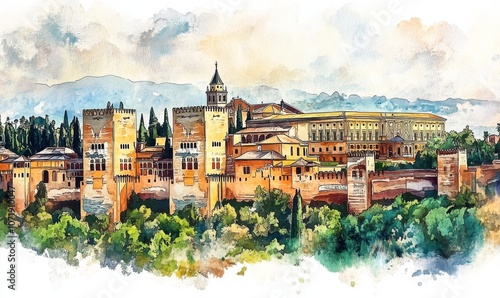 Wallpaper Mural Watercolor Alhambra palace in Granada, Spain, Europe Torontodigital.ca
