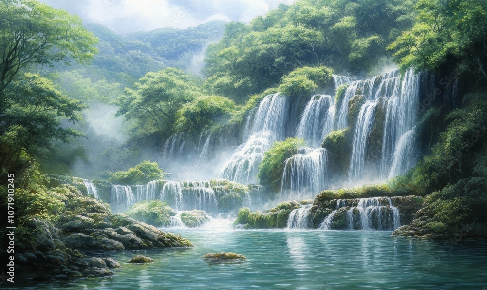 Fototapeta premium Watercolor Shifen Taiwan Waterfalls National Park Beautiful waterfalls, abundant, many foreigners come to visit