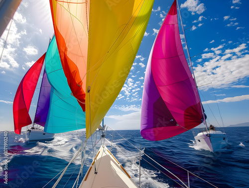 "Vibrant Sailing Regatta: A Colorful Display of Sails and Marine Adventure on the Water"