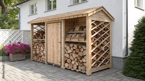 Wood storage shed with neatly stacked firewood and lattice walls, located next to a white house. Surrounded by flowers and greenery, it creates a practical and rustic outdoor element.