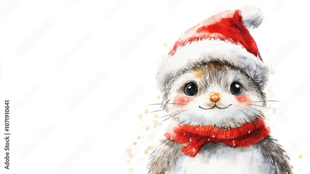 Watercolor snowman with animal features wearing a Christmas hat, isolated on white Watercolor snowman with animal features wearing a Christmas hat, isolated on white