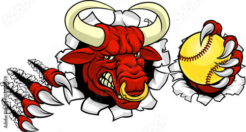 A bull or Minotaur monster longhorn cow angry mean softball mascot cartoon character.