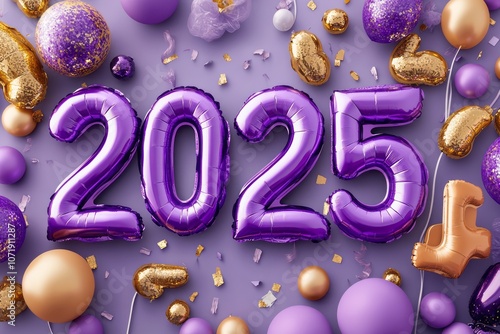 Purple and Gold Balloons Spell Out 2025 on Purple Background photo