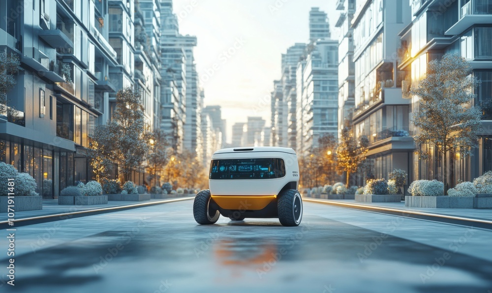 Fototapeta premium Autonomous delivery robot navigating city streets, revolutionizing urban logistics, 3D illustration