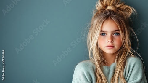 A young girl with straight blonde hair, wearing a green sweater, gazes deeply at the viewer with a relaxed expression, against a teal backdrop.