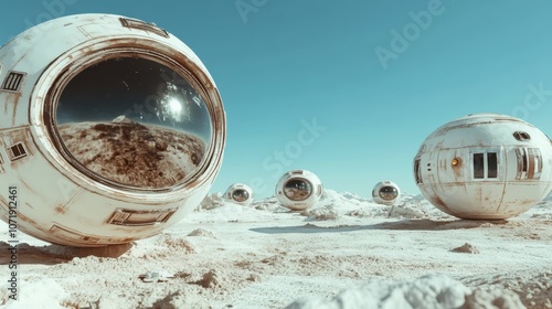 Futuristic white spherical habitats are stationed on an expansive sandy landscape, suggesting themes of exploration and innovative architectural design. photo