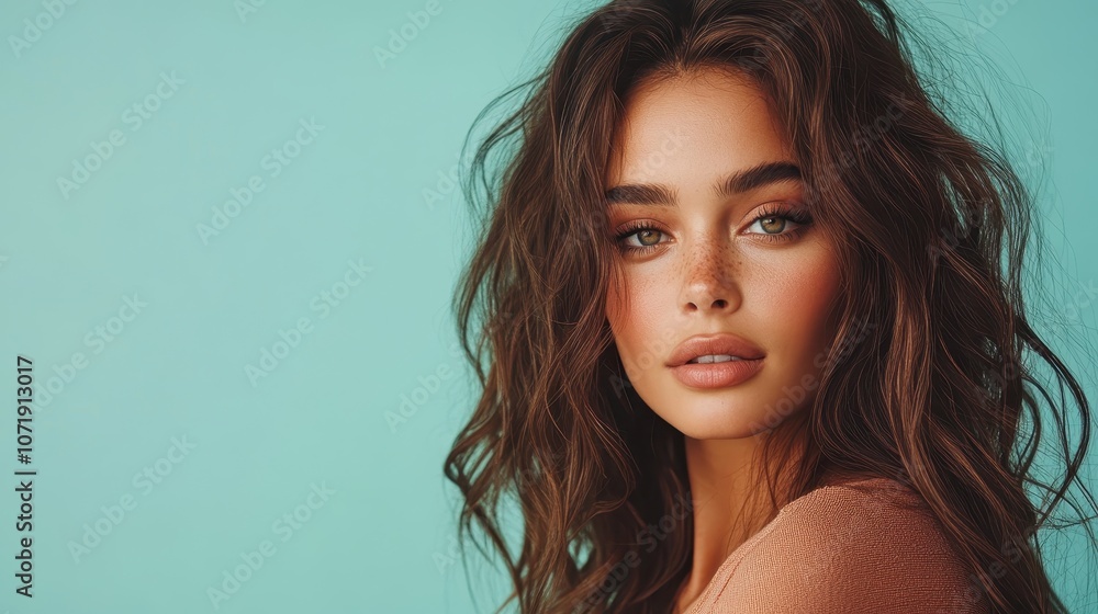 Portrait of a young woman with soft features exuding natural beauty and elegance with deep expression, set against a soothing teal background for visual appeal. Portrait of a young woman with soft features exuding natural beauty and elegance with deep expression, set against a soothing teal background for visual appeal.