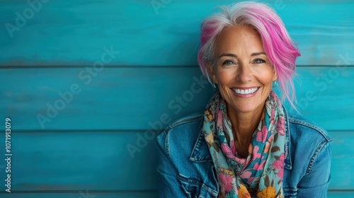 A beaming woman with bright pink hair and floral scarf is pictured smiling against a serene blue wall, conveying happiness, creativity, and a sense of serenity. photo