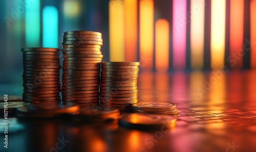 Stacked coins with growing bars in the background, symbolizing financial growth, 3D illustration