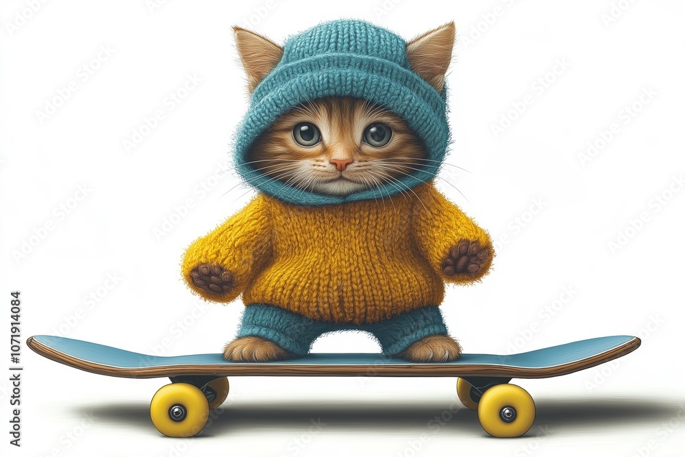 Fototapeta premium A cat on a skateboard. children's book illustration, postcard