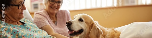 Golden retriever therapy dog with elderly patients in hospital