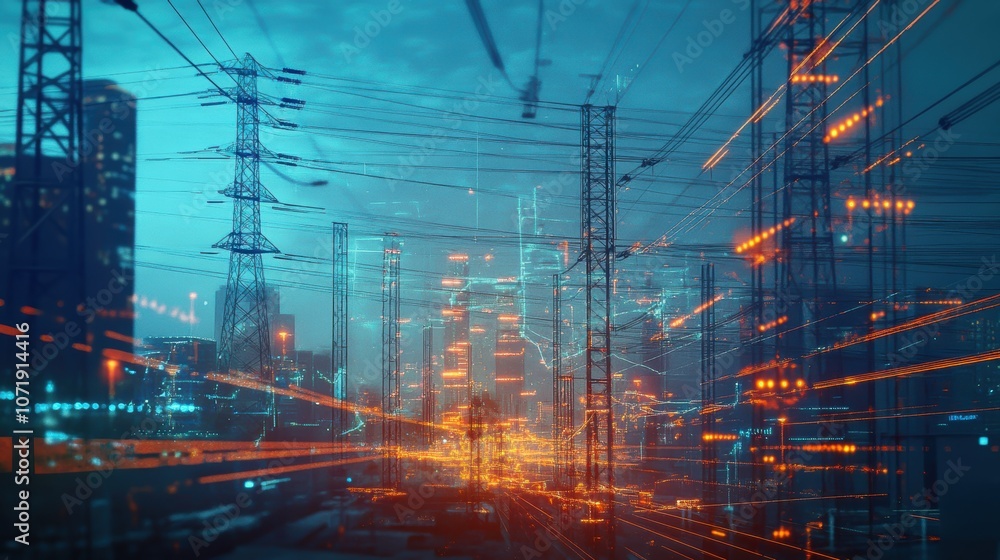 Fototapeta premium Electricity transmission towers with orange glowing wires the starry night sky. Energy infrastructure concept, energy, electricity, voltage, supply, pylon, technology