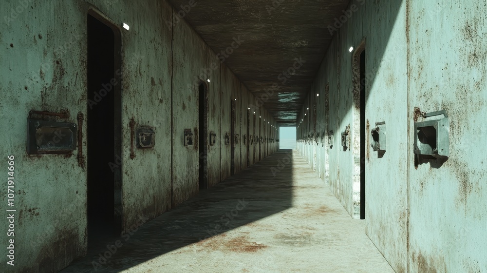 Obraz premium A long, deserted corridor with open, rusty metal doors lining both sides, stretching into the distance, creating a mysterious and ominous atmosphere in the dim light.