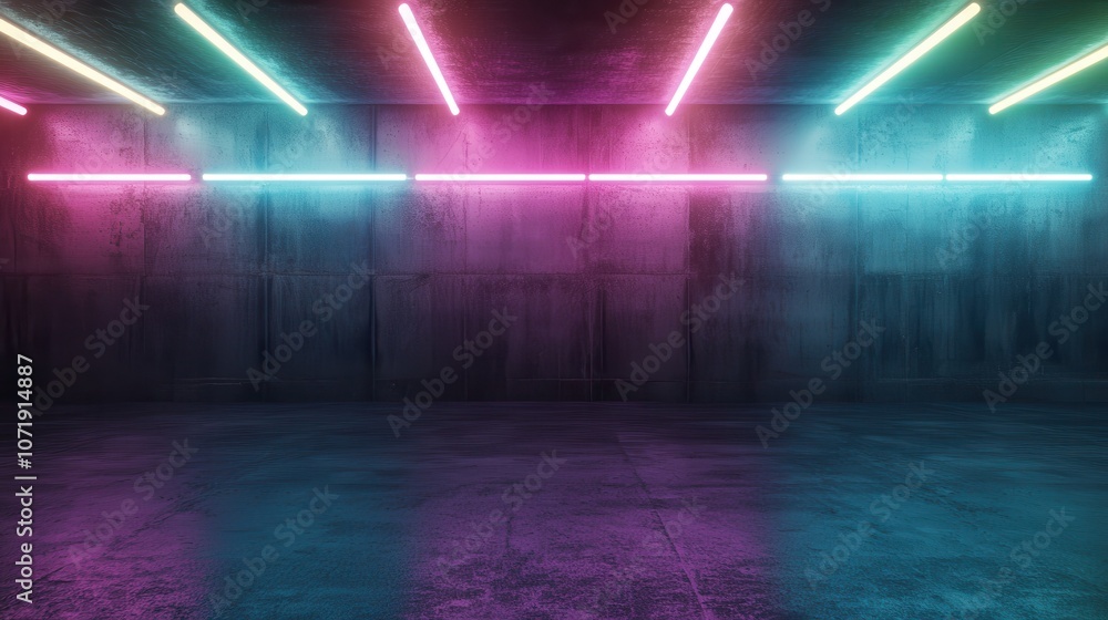 An expansive room with alternating neon purple and blue lights casting colorful reflections on the floor, creating a moody yet captivating atmosphere. An expansive room with alternating neon purple and blue lights casting colorful reflections on the floor, creating a moody yet captivating atmosphere.