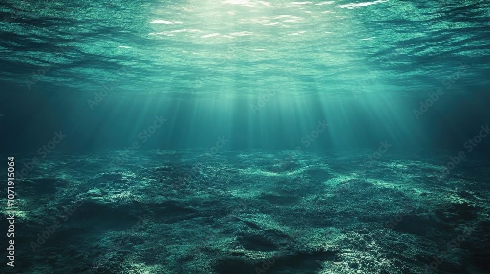 Naklejka premium An ethereal underwater scene with shimmering light rays piercing the tranquil ocean depths.