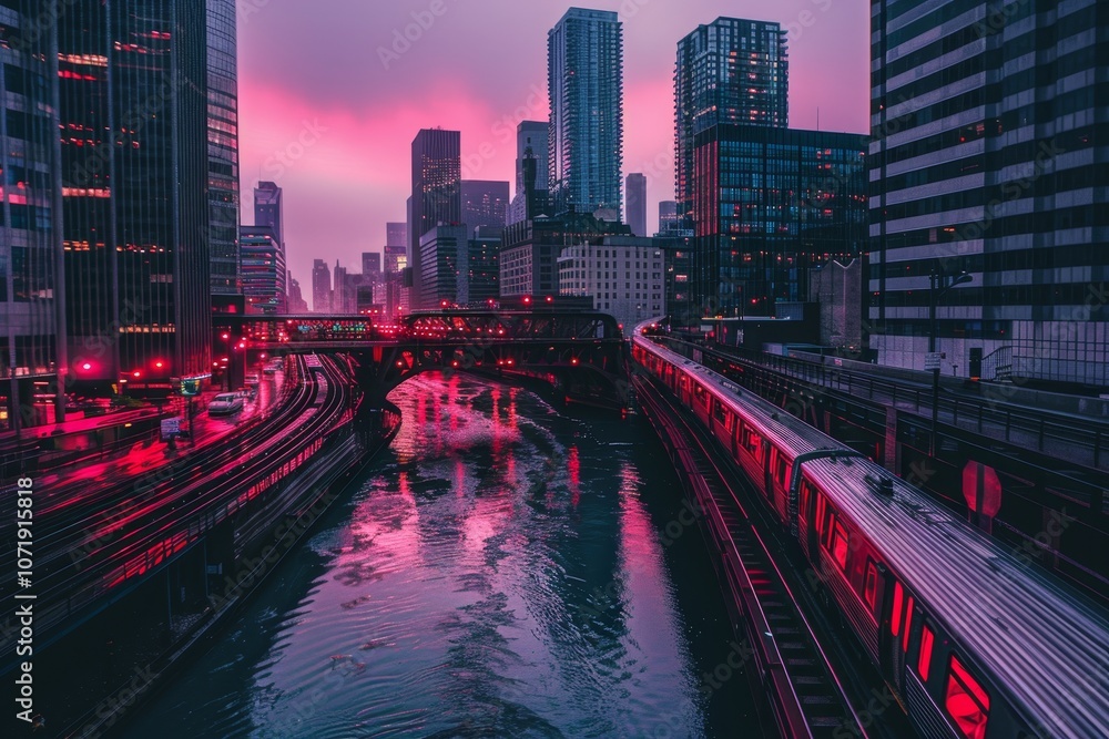 Fototapeta premium Vibrant digital cityscape with neon lights showcasing a futuristic urban environment