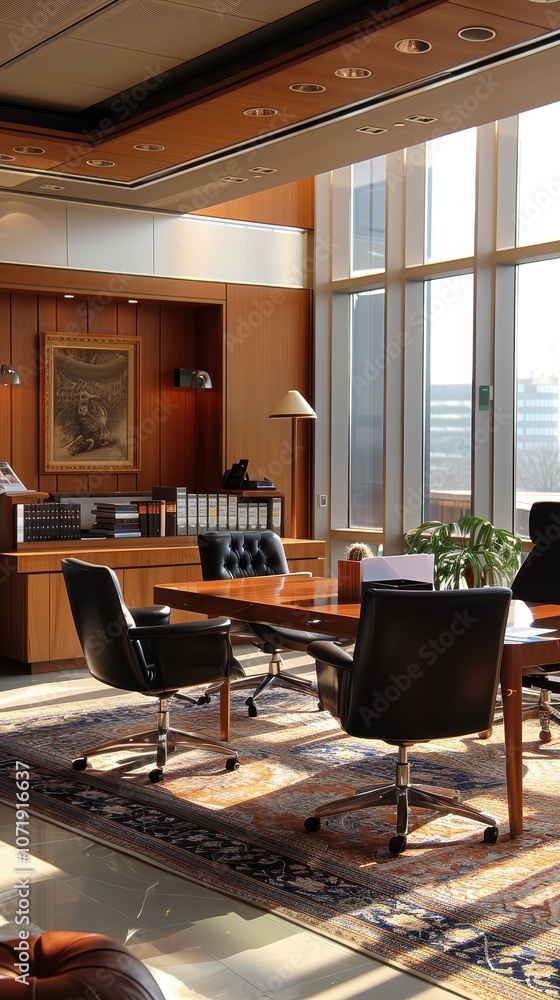 Fototapeta premium A modern office space featuring a conference table, chairs, and natural light.