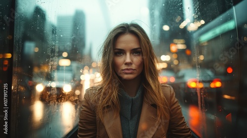 A woman gazes at the camera against a rainy city backdrop, expressing resolve and serenity. The urban environment complements her poised, thoughtful demeanor. photo