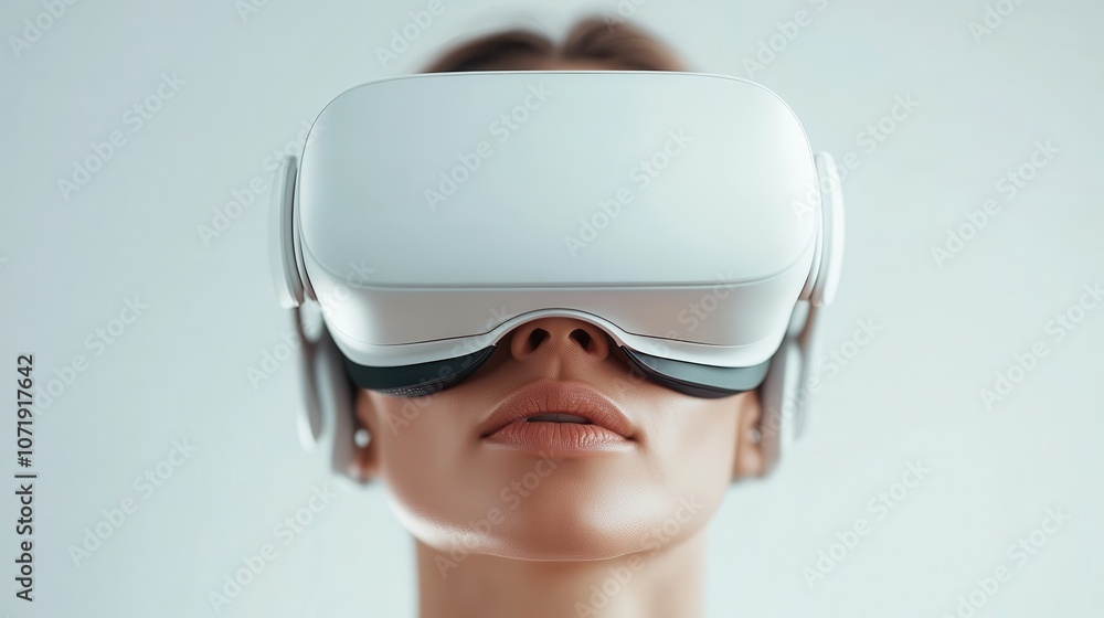 A profile view of a woman immersed in a virtual experience wearing a sleek white VR headset, blending technology with personal exploration and modern aesthetics. A profile view of a woman immersed in a virtual experience wearing a sleek white VR headset, blending technology with personal exploration and modern aesthetics.