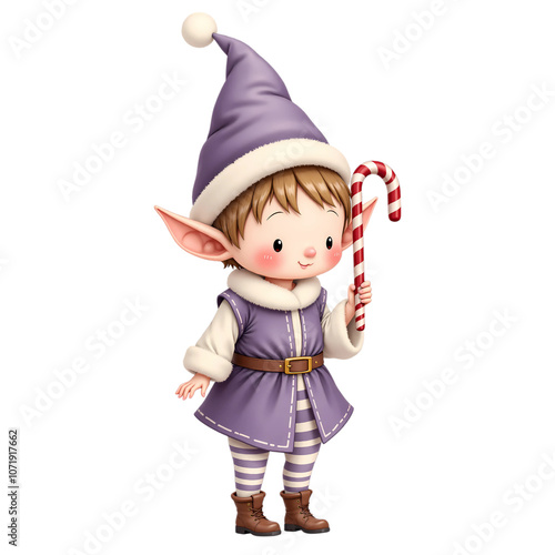 Christmas Elf Holding Candy Cane in Purple Outfit
