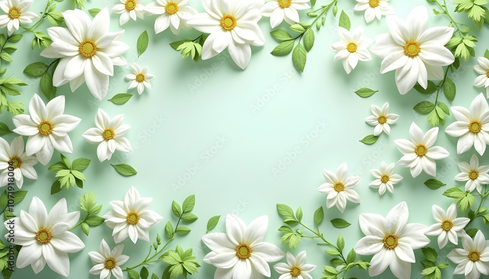 Obraz premium A high-definition 3D wallpaper design with white and green flowers. The wallpaper features realistic textures and vibrant details, creating an elegant and fresh floral pattern suitable for modern inte