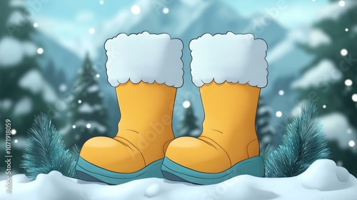 Adorable Yellow Rain Boots in Winter Forest photo