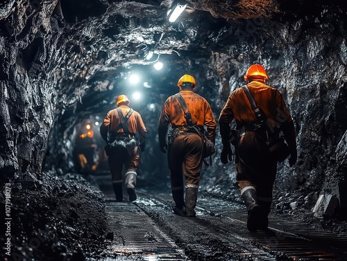 dynamic miners working in dark, rugged conditions, illuminated by their headlamps, showcasing the arduous labor and resilience within coal and energy sectors