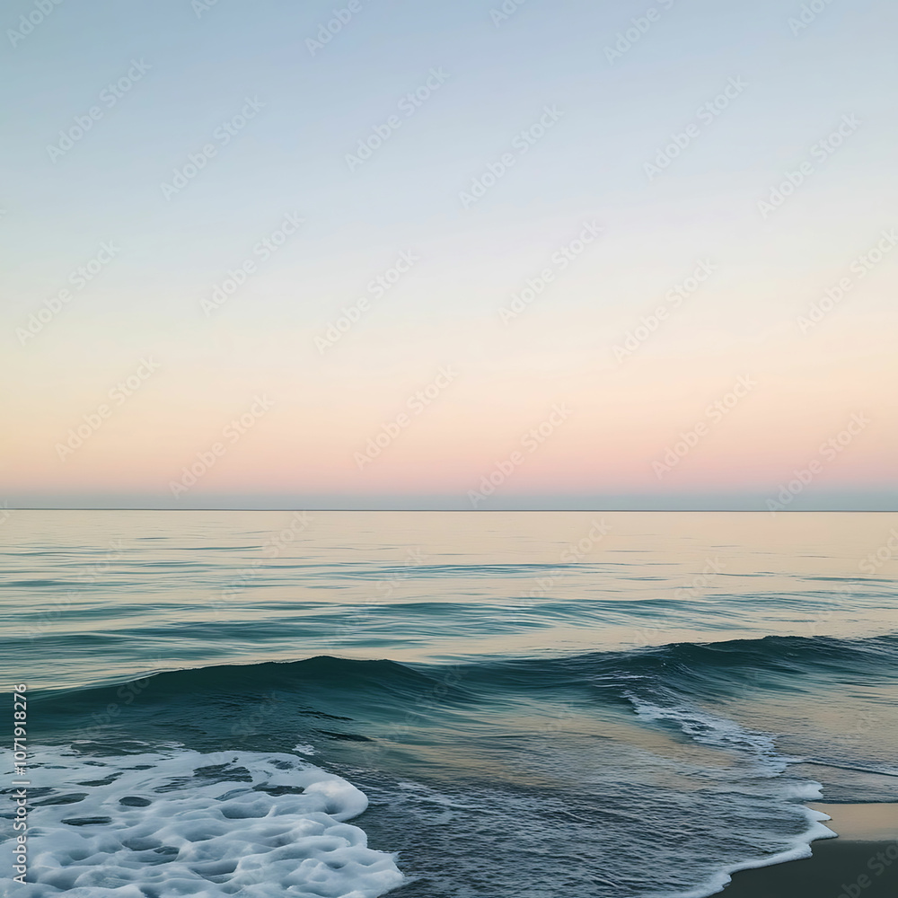 Naklejka premium Serene Ocean Horizon at Dawn with Gentle Waves and Soft Pastel Morning Sky