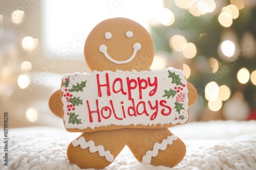 Smiling gingerbread cookie holding a decorated sign that reads 