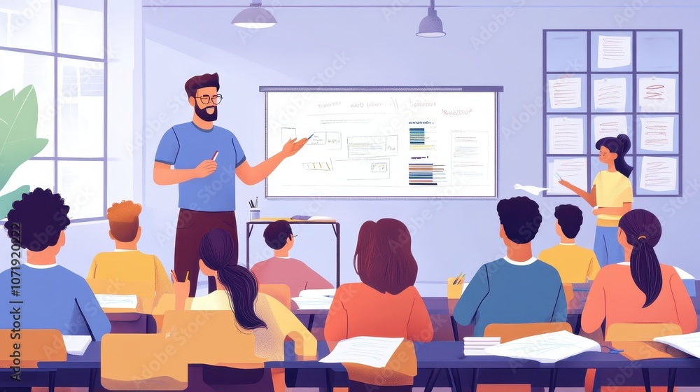 A male teacher delivering a lesson in front of a smart board, with students attentively seated and writing in the foreground, in a vibrant, energizing classroom setting A male teacher delivering a lesson in front of a smart board, with students attentively seated and writing in the foreground, in a vibrant, energizing classroom setting