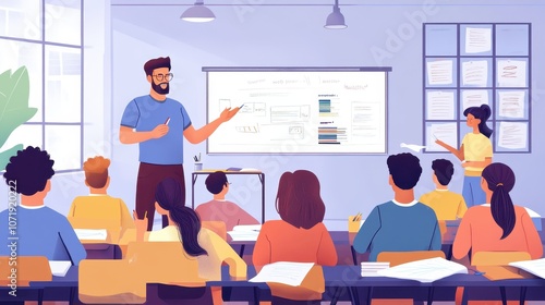 A male teacher delivering a lesson in front of a smart board, with students attentively seated and writing in the foreground, in a vibrant, energizing classroom setting