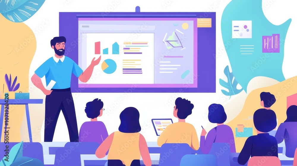 A male teacher in a classroom setting, presenting on a smart board while students engage in learning, creating a positive and interactive atmosphere with a bright background A male teacher in a classroom setting, presenting on a smart board while students engage in learning, creating a positive and interactive atmosphere with a bright background
