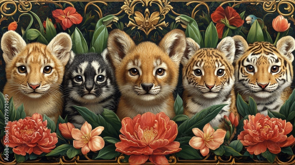Fototapeta premium Adorable Big Cat Cubs, Tiger and Lion Cub Family Portrait