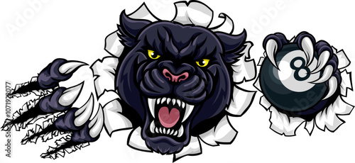 A panther angry mean pool billiards mascot cartoon character holding a black 8 ball.