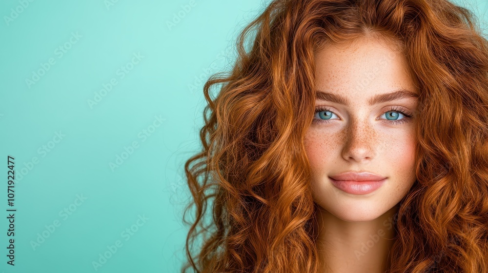 A striking portrait of a red-haired woman with piercing blue eyes and a genuine smile against a soft teal background, celebrating individuality and grace. A striking portrait of a red-haired woman with piercing blue eyes and a genuine smile against a soft teal background, celebrating individuality and grace.