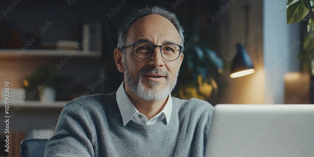Obraz premium Confident businessman participating in a video conference from his home office using a laptop