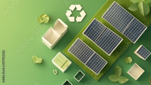 Recycling for greenery and sustainable concept. Sustainable energy featuring solar panels on green grass, surrounded by plants and recycling symbols, symbolizing eco-friendly practices.