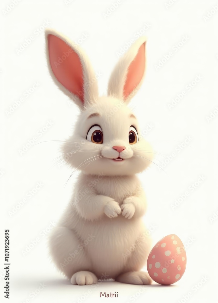 Obraz premium Happy easter wallpaper with cartoon bunny holding an easter eggs and flowers around