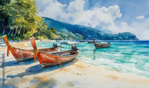 Watercolor Tropical beach, longtail boats at Lipe island in Satun, Thailand. photo