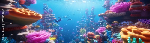 Worms-eye view of a vibrant underwater cityscape, dazzling coral structures bathed in ethereal light, dreamlike reflections shimmering, photorealistic detail, vibrant colors photo