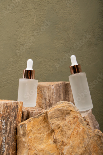 Frosted Glass Dropper Bottle with Copper Accents on Natural Stones photo