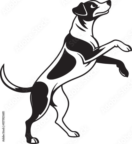 Vector art silhouette of a black and white dog upright on its hind legs, showcasing a lively dancing stance