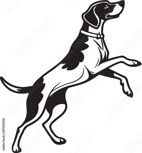 Vector art silhouette of a black and white dog upright on its hind legs, showcasing a lively dancing stance