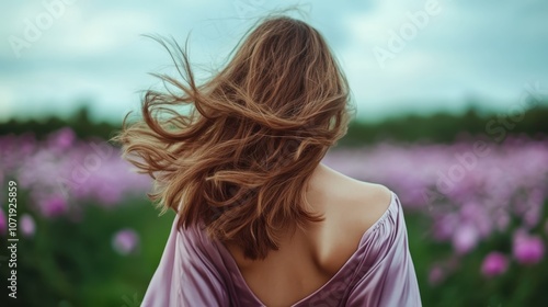 A woman stands with her back to the camera, her hair lifted gently by the wind in a lush meadow filled with blooming flowers under a cloudy sky.
