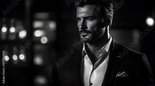 stylish man in suit exudes confidence and sophistication in luxury setting. dramatic lighting enhances his features, creating alluring atmosphere