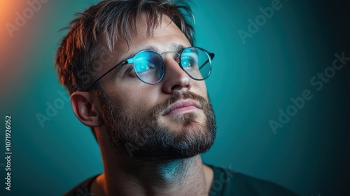 A stylish bearded man wearing glasses exudes contemplation and sophistication in a thoughtfully posed portrait enhanced by artistic lighting effects quintessentially unique. photo