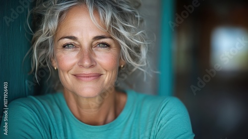 A gray-haired woman radiates wisdom and warmth as she smiles softly, captured in natural lighting wearing a teal shirt, her expression speaks of contentment and life. photo