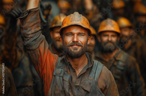  group of smiling male workers with their hands raised in the air, standing amidst a crowd of other mine workers.