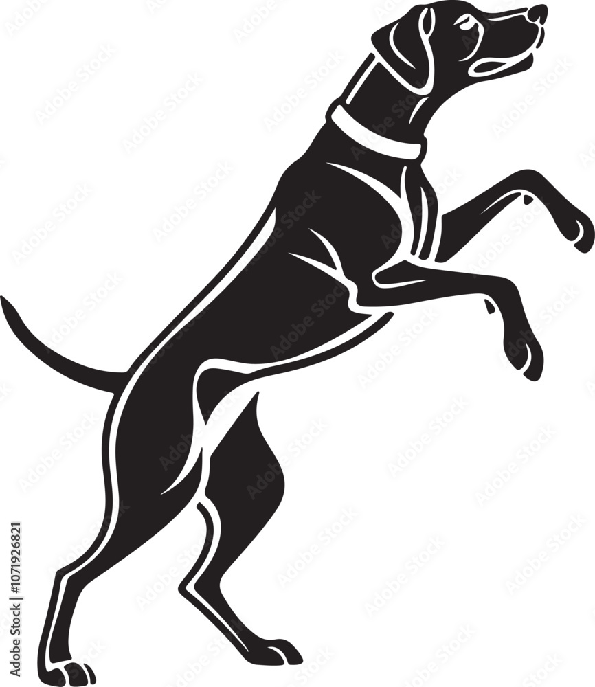 Black and white silhouette of a dog upright on its hind legs, showcasing a playful dancing stance Black and white silhouette of a dog upright on its hind legs, showcasing a playful dancing stance