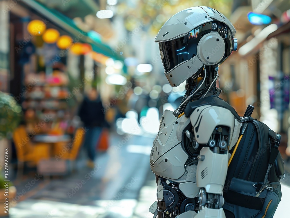 Fototapeta premium A humanoid robot stands in a vibrant street, showcasing advanced technology in a lively setting.